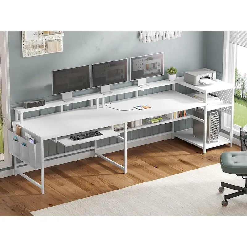 Bureau d’ordinateur en forme de L, bureau de jeu avec plateau pour clavier, prises électriques et éclairage LED