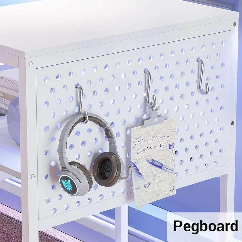 Bureau d’ordinateur en forme de L, bureau de jeu avec plateau pour clavier, prises électriques et éclairage LED