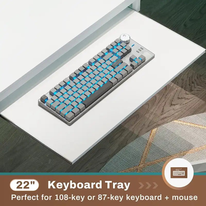 Bureau d’ordinateur en forme de L, bureau de jeu avec plateau pour clavier, prises électriques et éclairage LED
