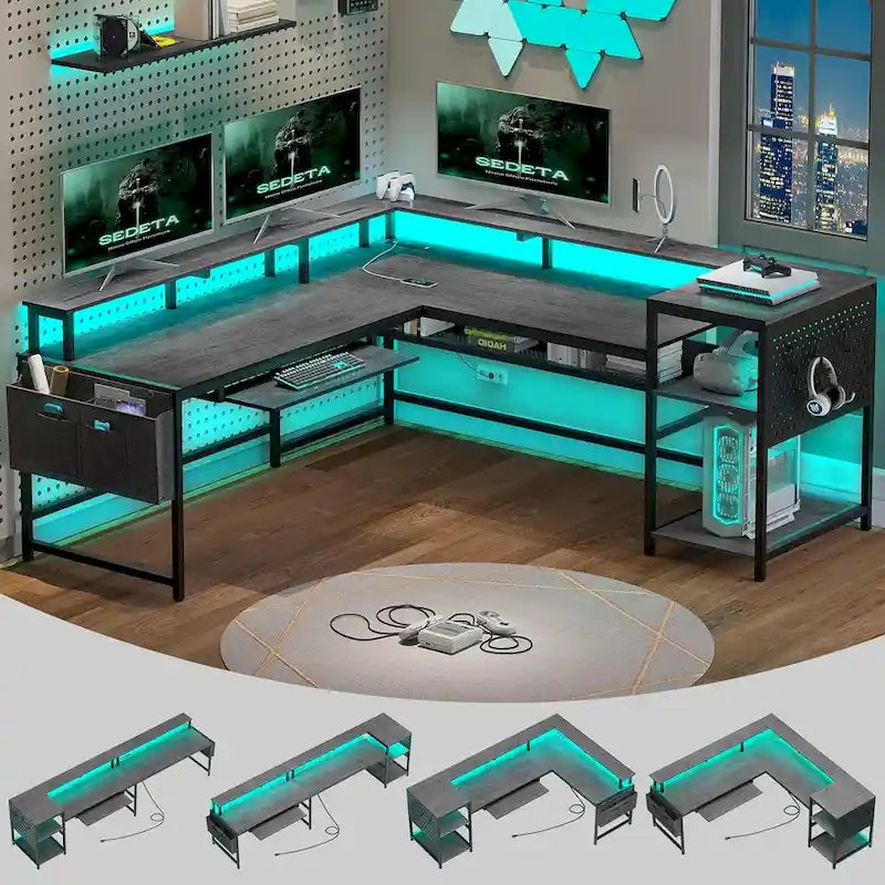 Bureau d’ordinateur en forme de L, bureau de jeu avec plateau pour clavier, prises électriques et éclairage LED