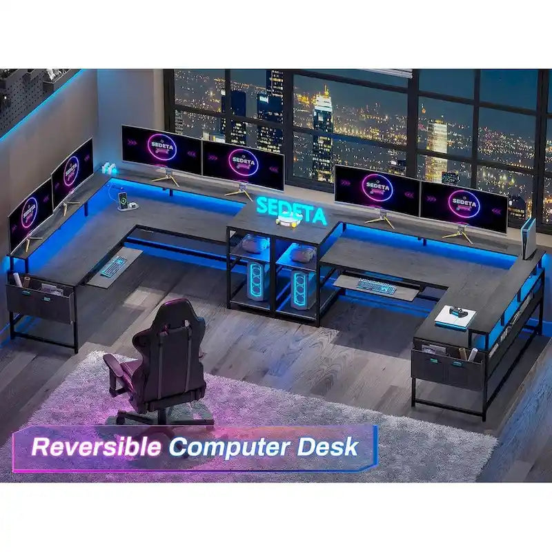 Bureau d’ordinateur en forme de L, bureau de jeu avec plateau pour clavier, prises électriques et éclairage LED
