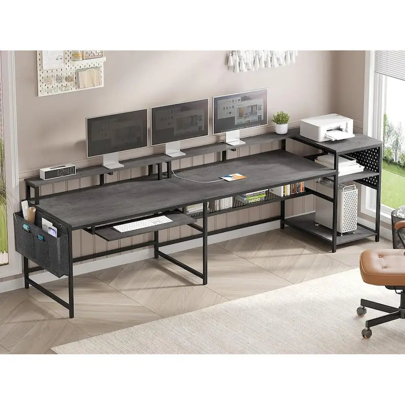 Bureau d’ordinateur en forme de L, bureau de jeu avec plateau pour clavier, prises électriques et éclairage LED