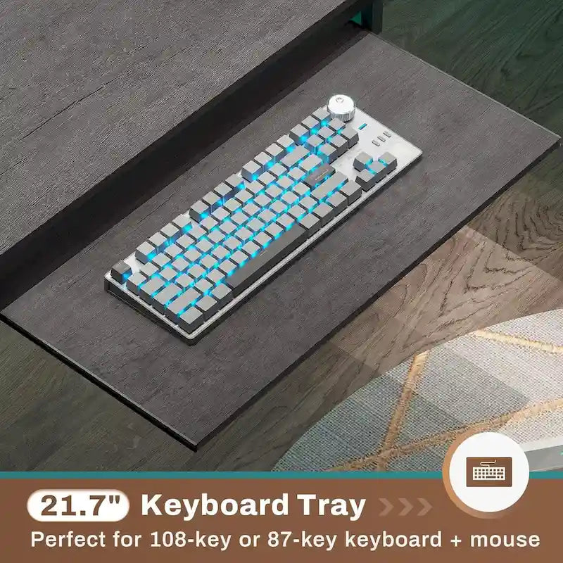 Bureau d’ordinateur en forme de L, bureau de jeu avec plateau pour clavier, prises électriques et éclairage LED
