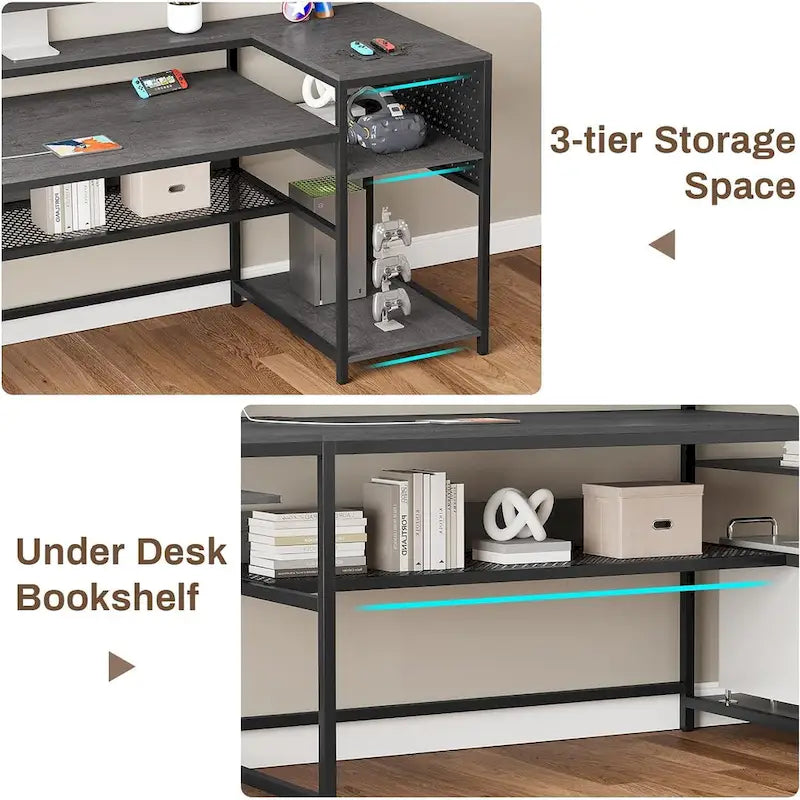 Bureau d’ordinateur en forme de L, bureau de jeu avec plateau pour clavier, prises électriques et éclairage LED