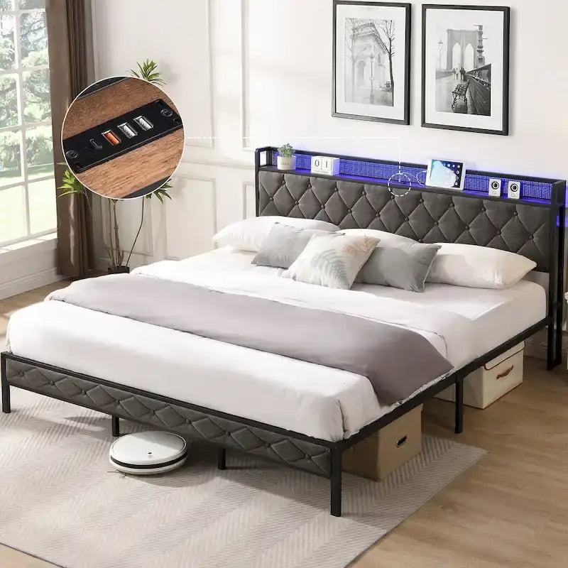 Platform Bed Frame with Storage Headboard, Charging Station and LED Lights