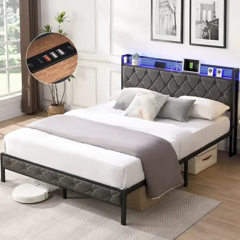 Cadre de lit plateforme avec tête de lit de rangement, station de recharge et éclairage à DEL