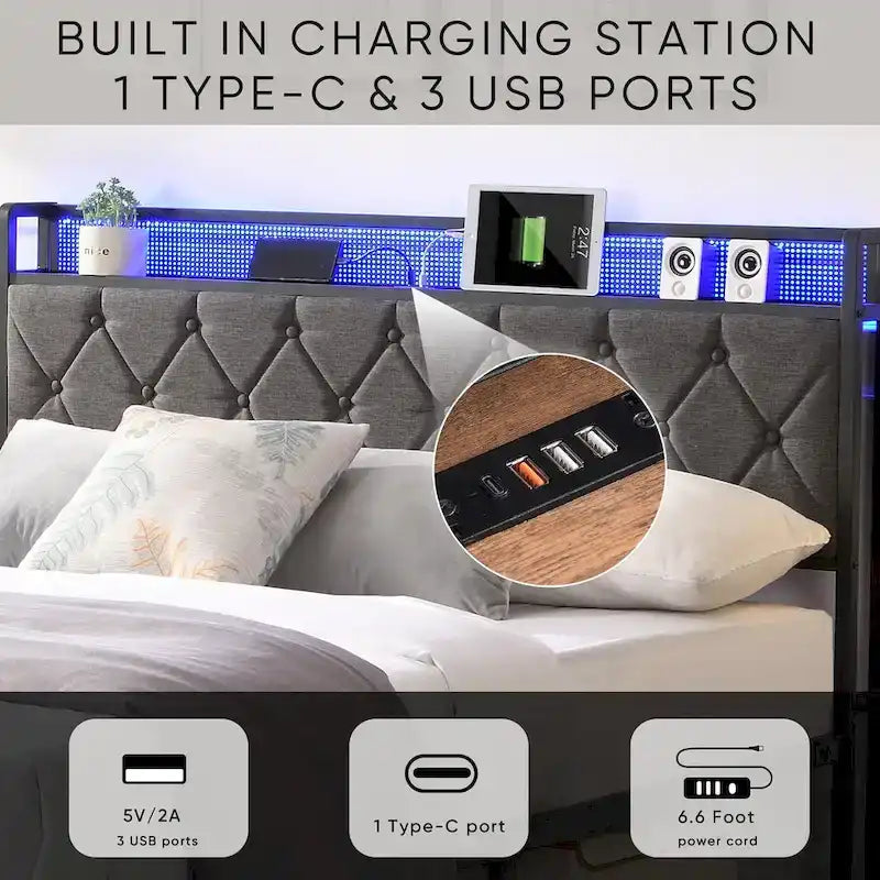 Cadre de lit plateforme avec tête de lit de rangement, station de recharge et éclairage à DEL