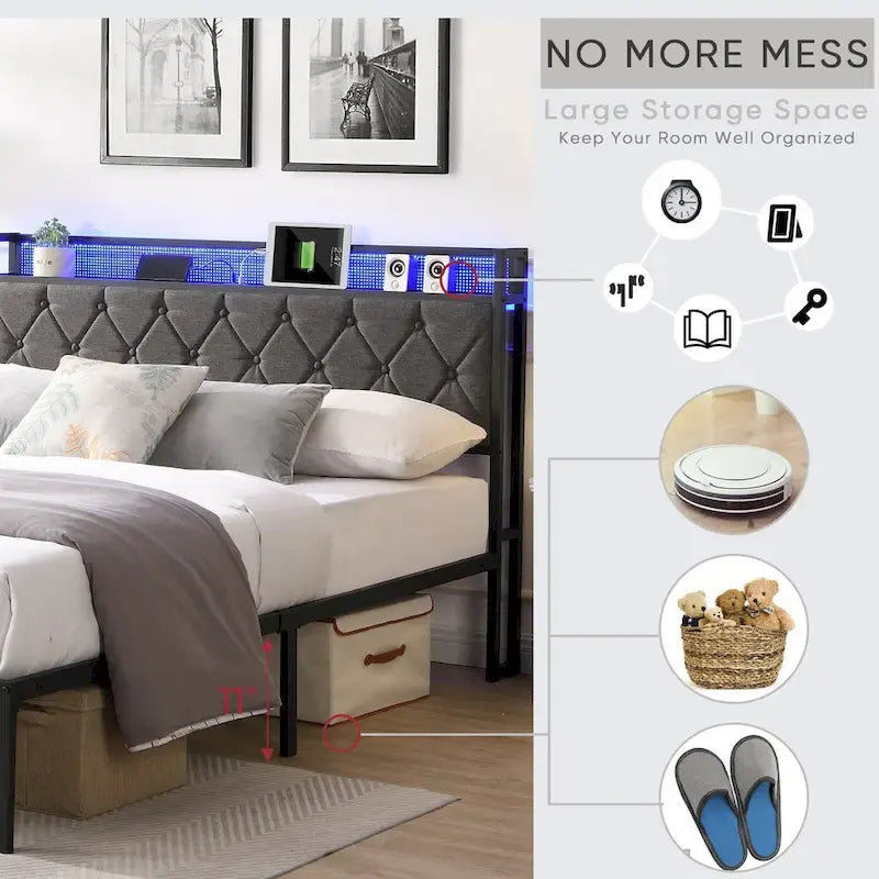 Estructura de cama con plataforma, cabecero con almacenamiento, estación de carga y luces LED