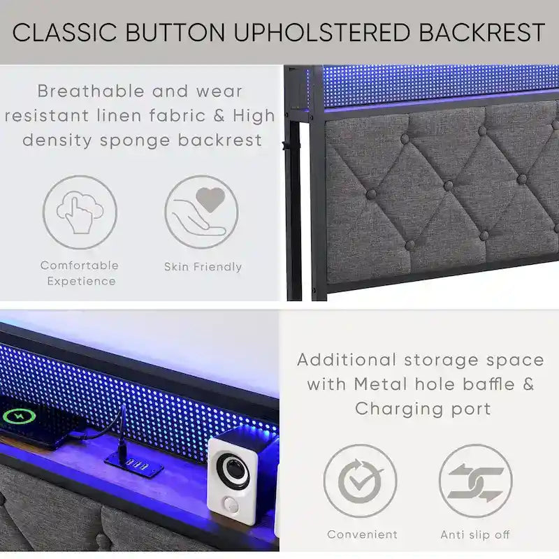 Cadre de lit plateforme avec tête de lit de rangement, station de recharge et éclairage à DEL