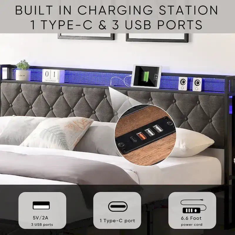 Cadre de lit plateforme avec tête de lit de rangement, station de recharge et éclairage à DEL