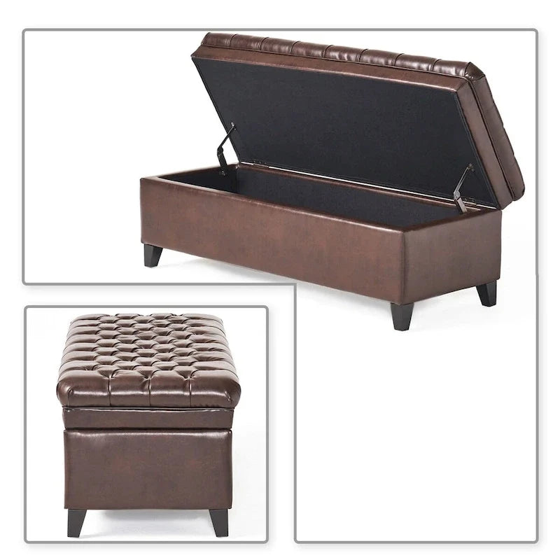 Banc de rangement classique et élégant, rembourré, avec assise décorée de boutons capitonnés