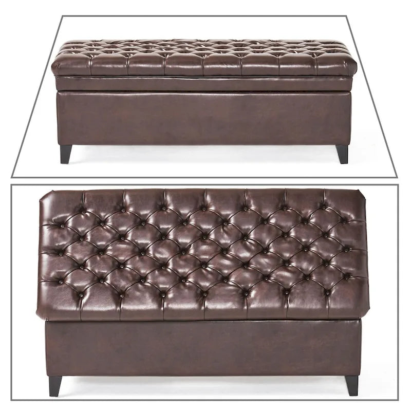 Banc de rangement classique et élégant, rembourré, avec assise décorée de boutons capitonnés