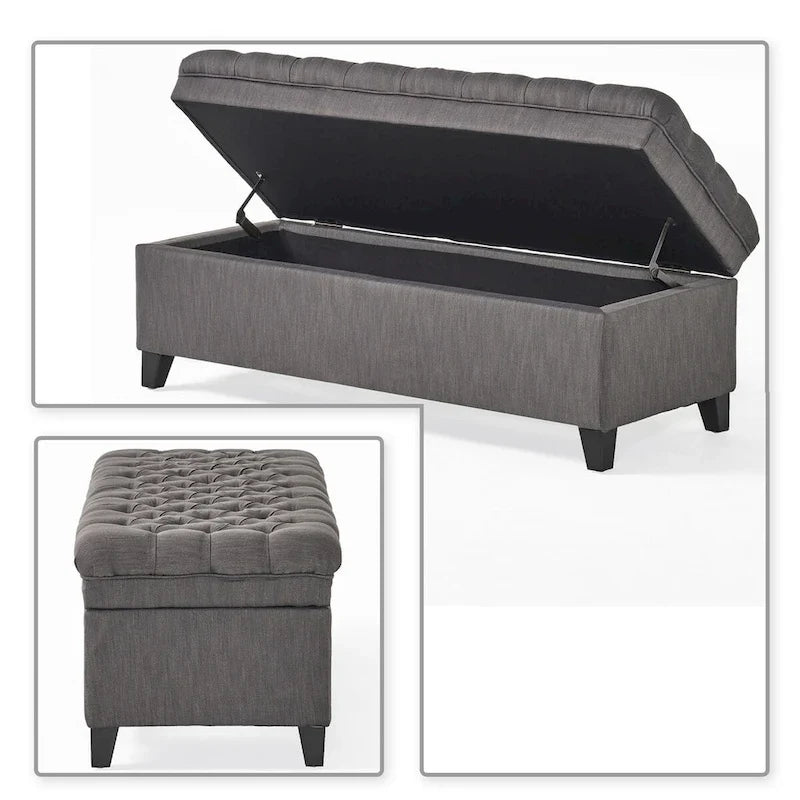 Banc de rangement classique et élégant, rembourré, avec assise décorée de boutons capitonnés