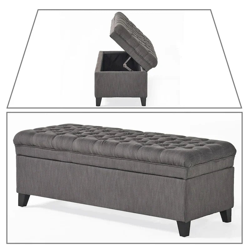 Banc de rangement classique et élégant, rembourré, avec assise décorée de boutons capitonnés