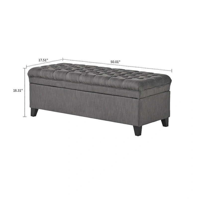 Banc de rangement classique et élégant, rembourré, avec assise décorée de boutons capitonnés