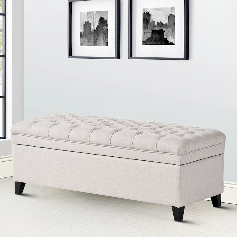 Banc de rangement classique et élégant, rembourré, avec assise décorée de boutons capitonnés