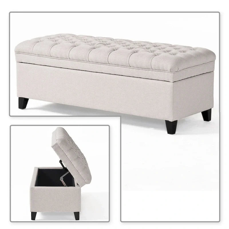 Banc de rangement classique et élégant, rembourré, avec assise décorée de boutons capitonnés