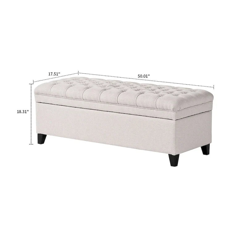 Banc de rangement classique et élégant, rembourré, avec assise décorée de boutons capitonnés