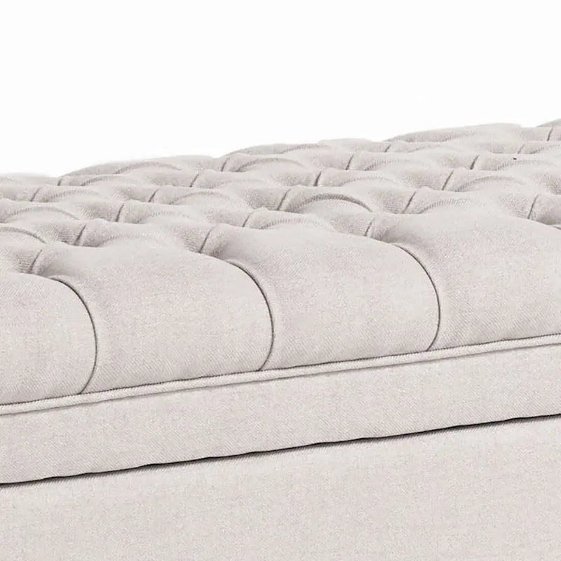 Banc de rangement classique et élégant, rembourré, avec assise décorée de boutons capitonnés