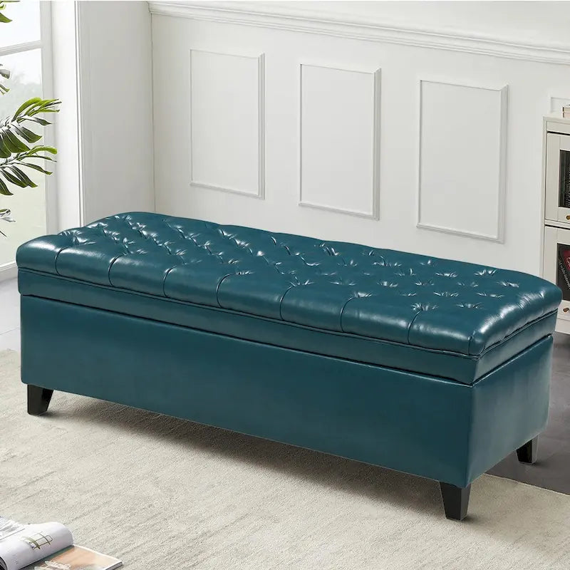 Banc de rangement classique et élégant, rembourré, avec assise décorée de boutons capitonnés