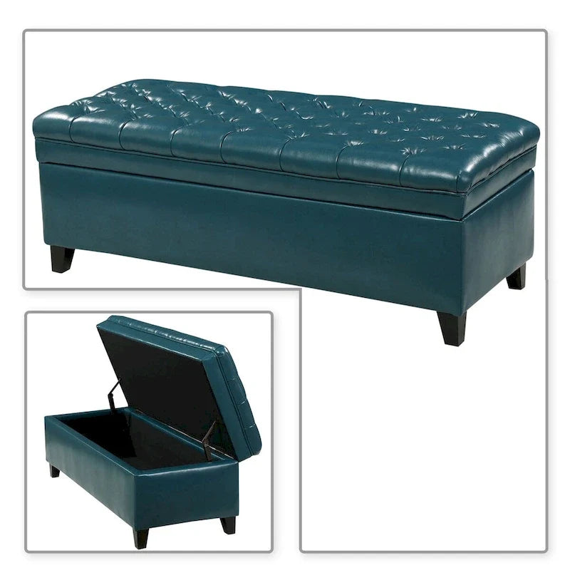 Banc de rangement classique et élégant, rembourré, avec assise décorée de boutons capitonnés
