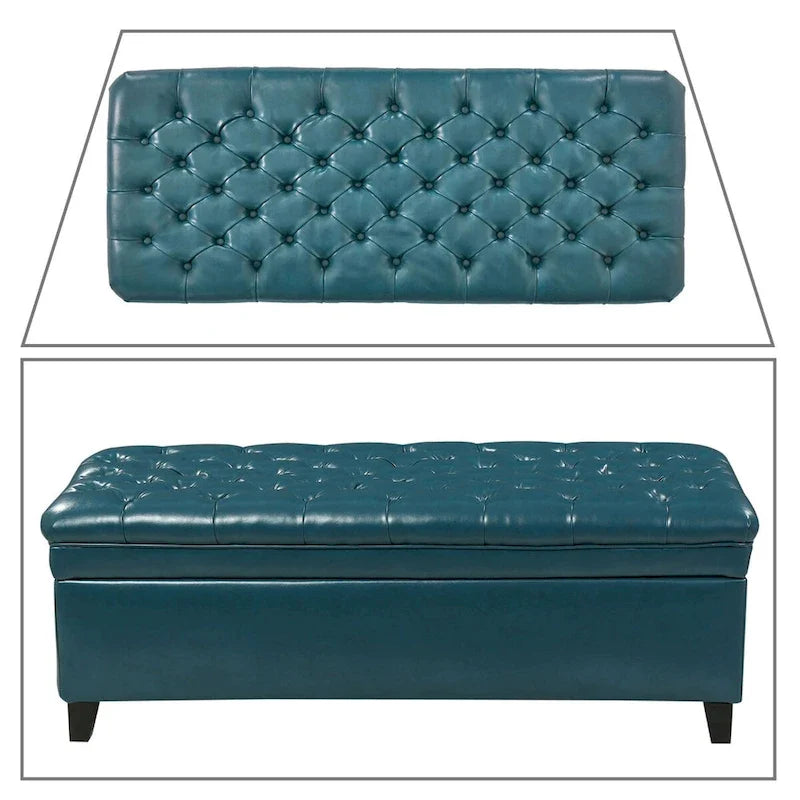 Banc de rangement classique et élégant, rembourré, avec assise décorée de boutons capitonnés