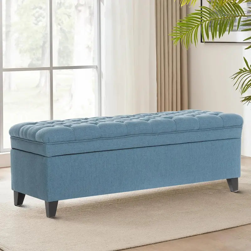 Banc de rangement classique et élégant, rembourré, avec assise décorée de boutons capitonnés