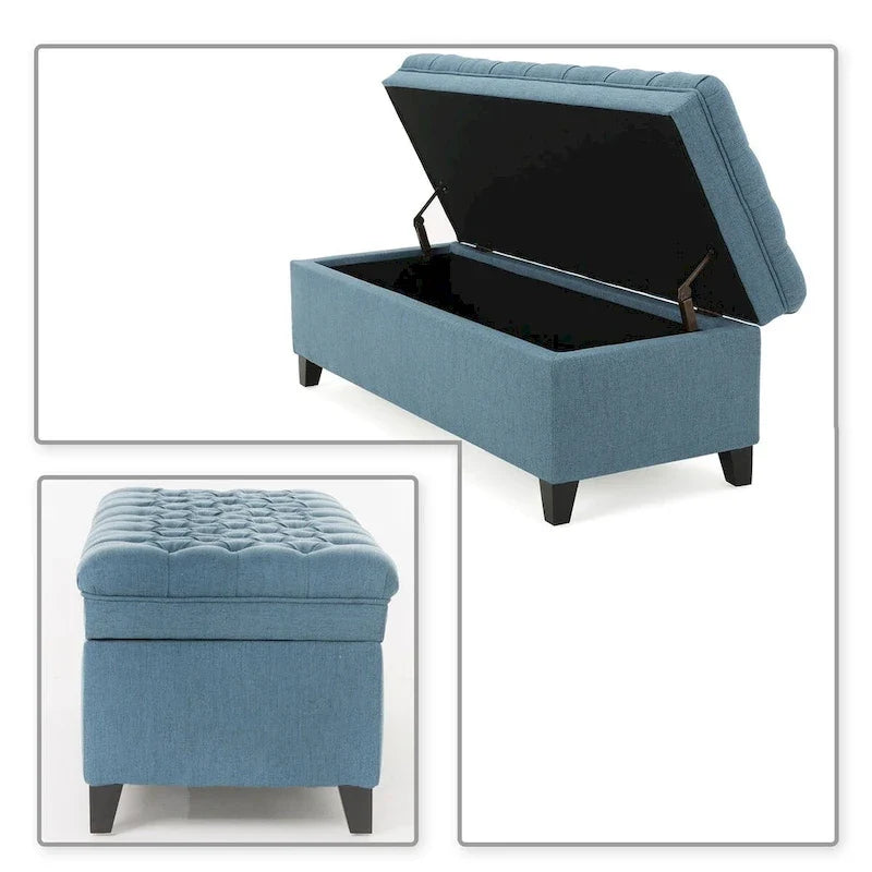 Banc de rangement classique et élégant, rembourré, avec assise décorée de boutons capitonnés