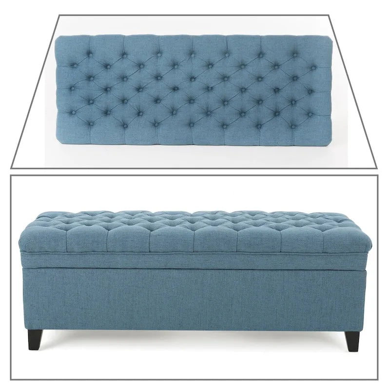 Banc de rangement classique et élégant, rembourré, avec assise décorée de boutons capitonnés