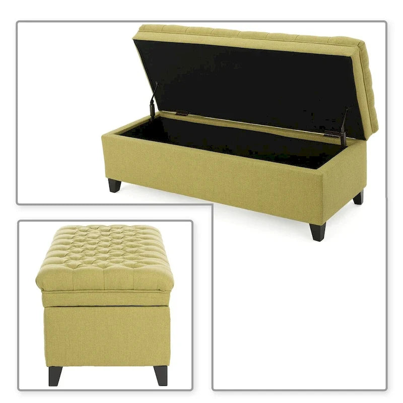 Banc de rangement classique et élégant, rembourré, avec assise décorée de boutons capitonnés