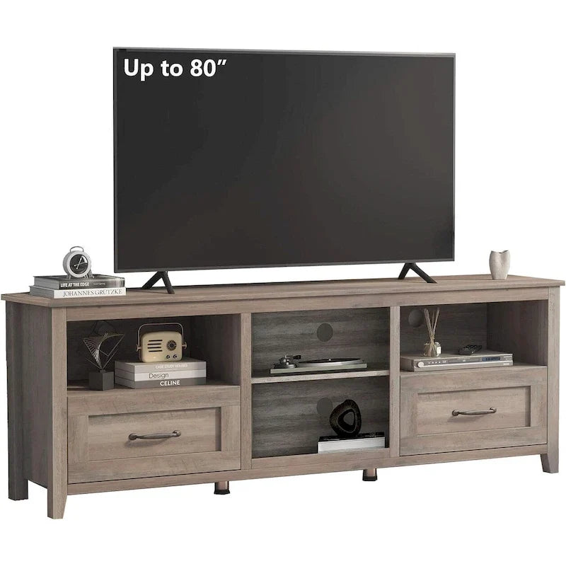 Meuble TV gris avec tiroirs de rangement et gestion des câbles