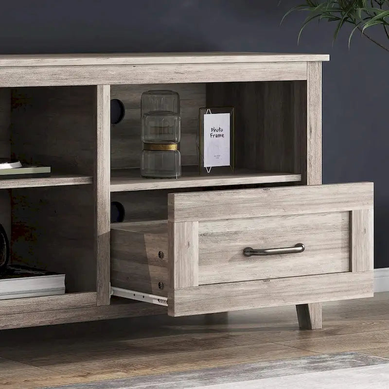 Mueble para TV gris con cajones de almacenamiento y gestión de cables