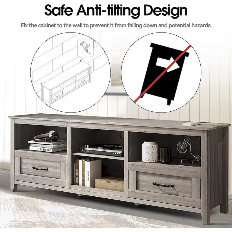 Mueble para TV gris con cajones de almacenamiento y gestión de cables