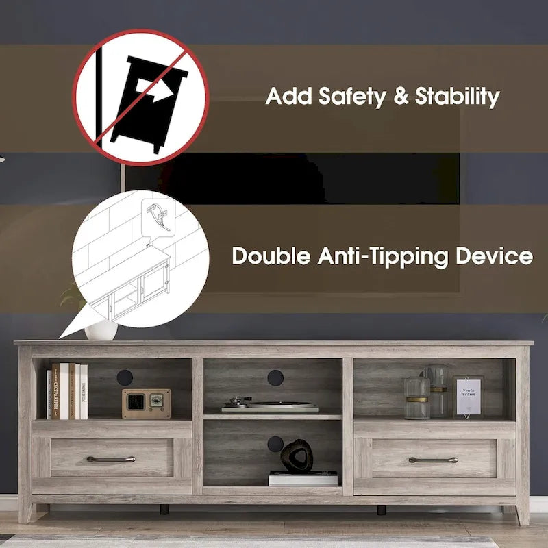 Mueble para TV gris con cajones de almacenamiento y gestión de cables
