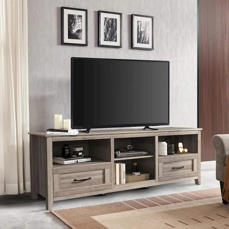 Mueble para TV gris con cajones de almacenamiento y gestión de cables
