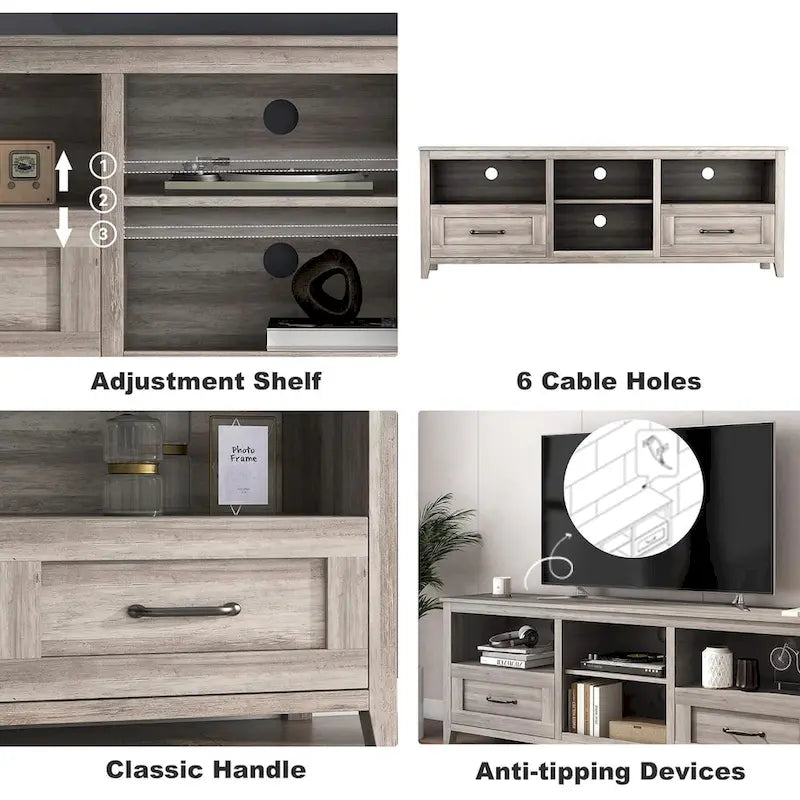 Mueble para TV gris con cajones de almacenamiento y gestión de cables