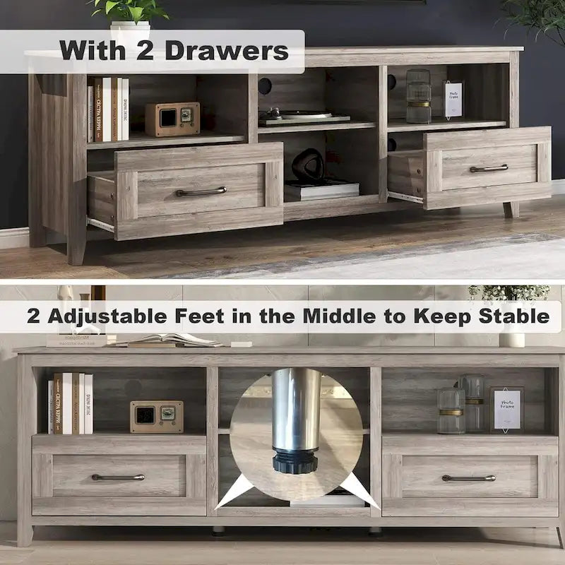 Mueble para TV gris con cajones de almacenamiento y gestión de cables