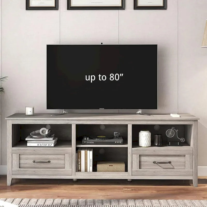 Mueble para TV gris con cajones de almacenamiento y gestión de cables
