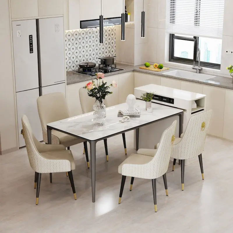 Lujosa mesa de comedor rectangular de mármol italiano con superficie de piedra sinterizada