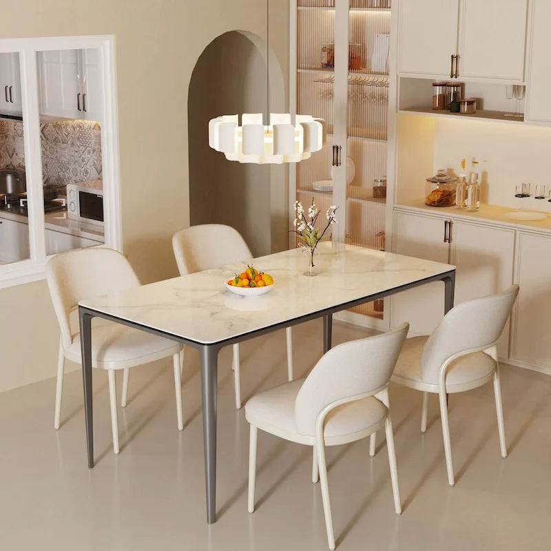 Lujosa mesa de comedor rectangular de mármol italiano con superficie de piedra sinterizada