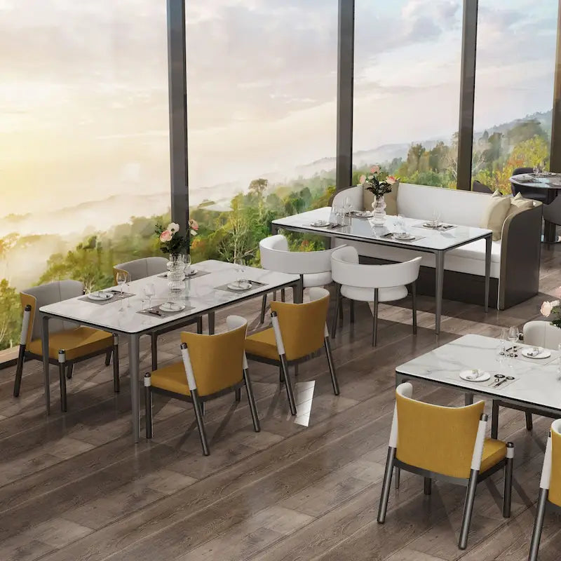 Lujosa mesa de comedor rectangular de mármol italiano con superficie de piedra sinterizada
