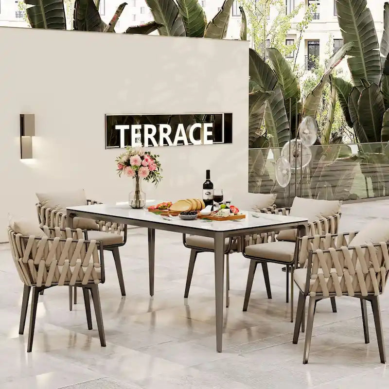 Lujosa mesa de comedor rectangular de mármol italiano con superficie de piedra sinterizada