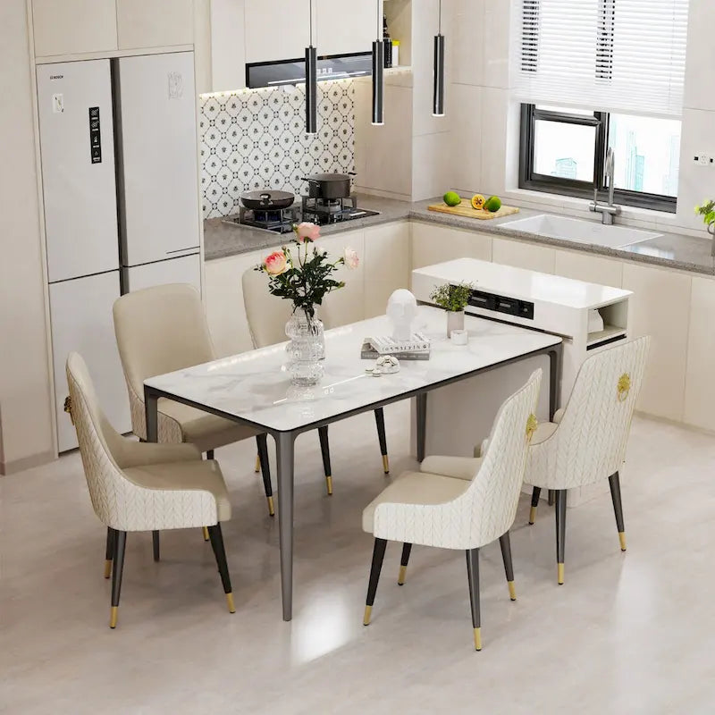 Lujosa mesa de comedor rectangular de mármol italiano con superficie de piedra sinterizada