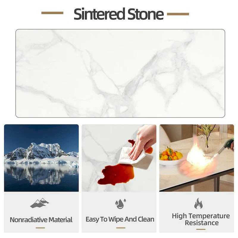 Lujosa mesa de comedor rectangular de mármol italiano con superficie de piedra sinterizada