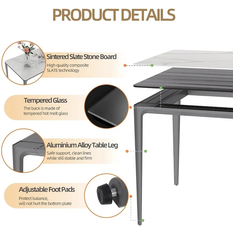 Lujosa mesa de comedor rectangular de mármol italiano con superficie de piedra sinterizada