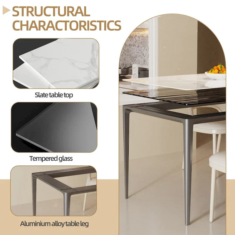 Lujosa mesa de comedor rectangular de mármol italiano con superficie de piedra sinterizada