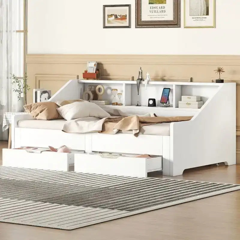 Estructura de cama diván extensible de tamaño individual a king con estanterías de almacenamiento