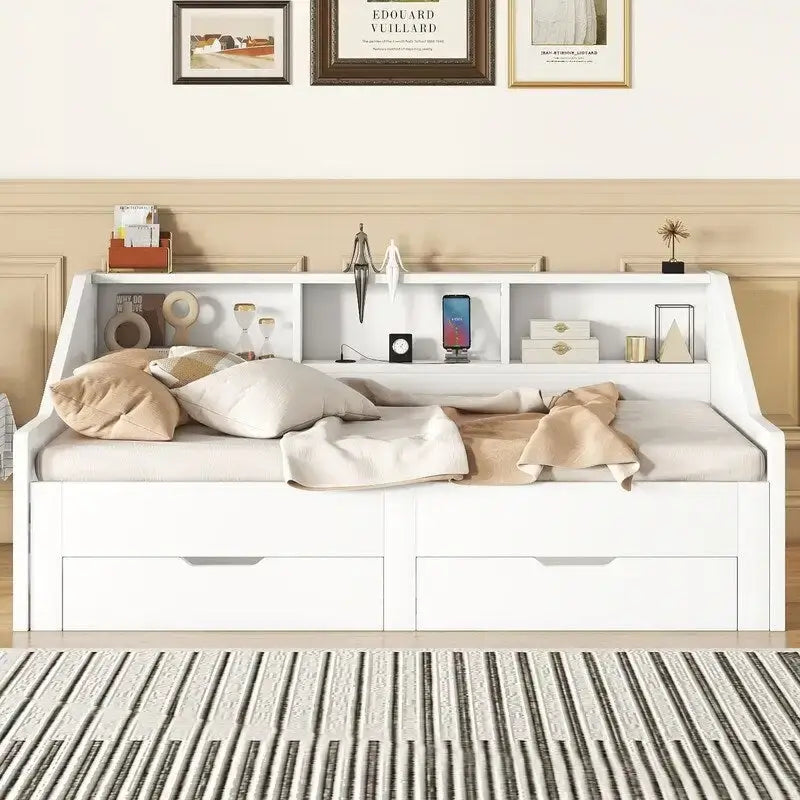 Estructura de cama diván extensible de tamaño individual a king con estanterías de almacenamiento