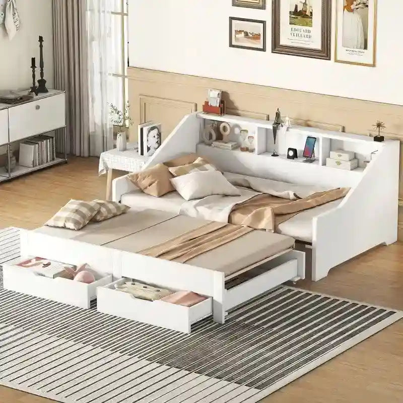 Estructura de cama diván extensible de tamaño individual a king con estanterías de almacenamiento