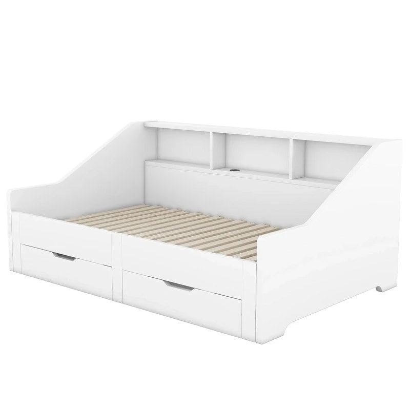 Estructura de cama diván extensible de tamaño individual a king con estanterías de almacenamiento